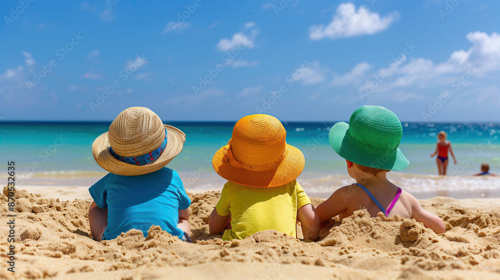 Obraz premium Three children are sitting on the beach, wearing colorful hats