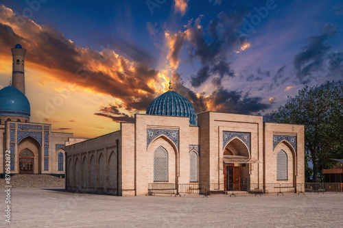 ancient Islamic museum library madrasah Muyi Muborak in Tashkent in Uzbekistan. The architectural complex Hazrati Imam in summer photo