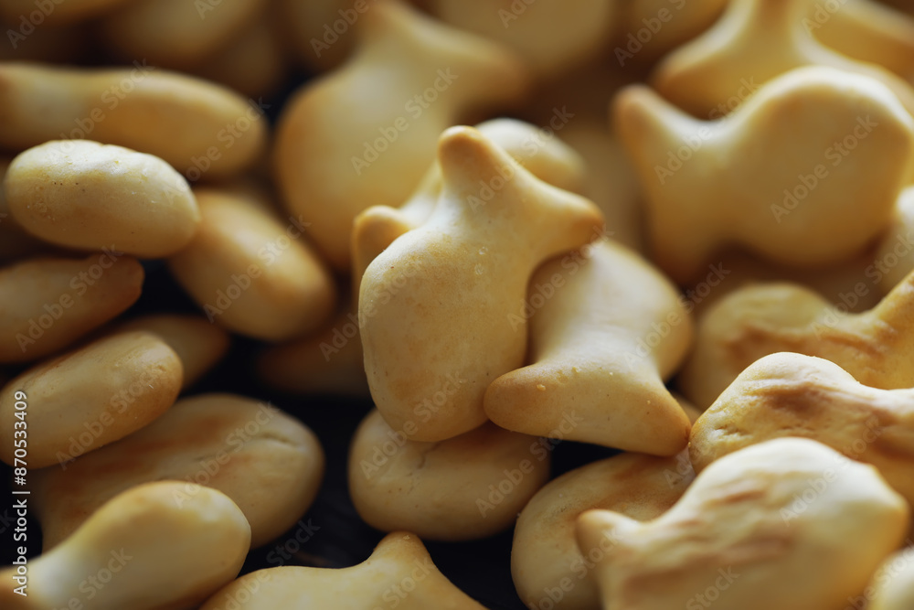Closeup view of fish shaped crackers Closeup view of fish shaped crackers