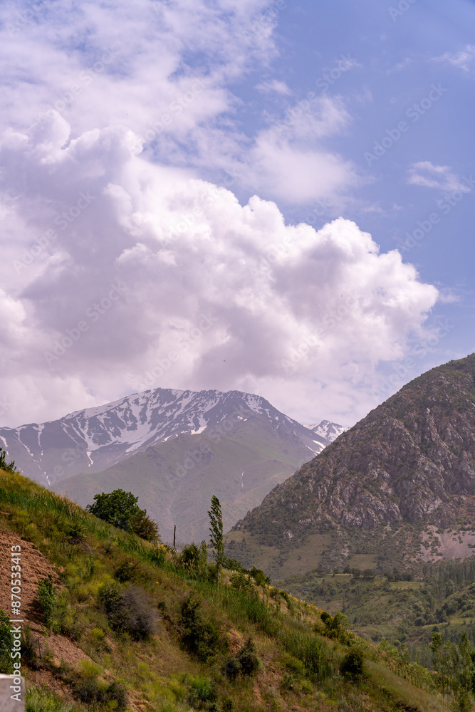 A mountain range with a cloudy sky in the background A mountain range with a cloudy sky in the background