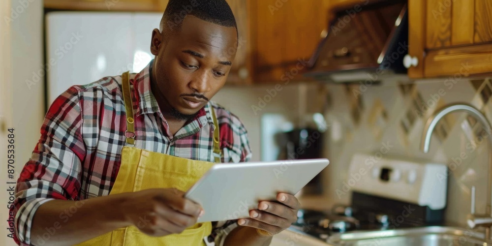 Fototapeta premium Man in Apron Using Tablet
