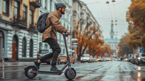 A man rides an electric scooter on a city street.