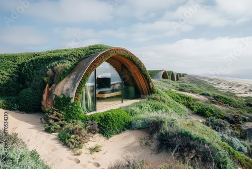 A shell shaped biophilic cabin with camouflaged roof built seamlessly into the dune landscape sustainable architecture