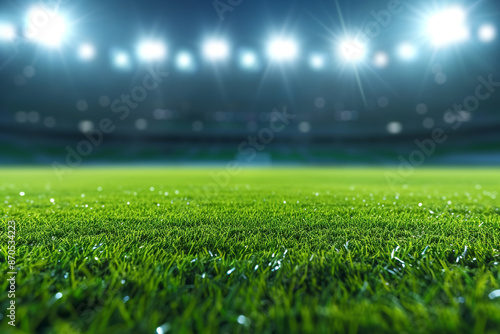 Green grass field in stadium, illuminated by bright lights above.