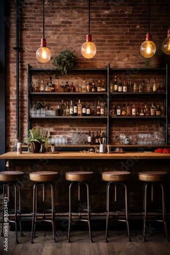 A bar area featuring a row of stools against an exposed brick wall. The industrial chic decor creates a trendy and urban atmosphere in the space