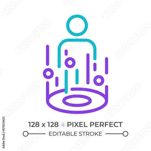 Virtual teleportation two color line icon. Immersive technologies. Virtual portal and person bicolor outline symbol. Duotone linear pictogram. Isolated illustration. Editable stroke