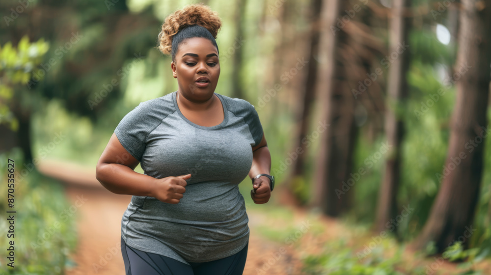 Woman Jogging in Forest Pathway Woman Jogging in Forest Pathway