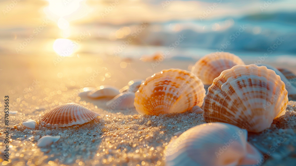 Seashells Scattered on Sandy Beach: Real Photography with Copy Space, Natural Beauty Under Soft Sunlight Seashells Scattered on Sandy Beach: Real Photography with Copy Space, Natural Beauty Under Soft Sunlight