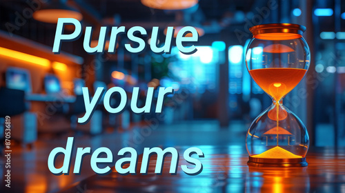Pursue your dreams text next to hourglass on office background. Business concept, word symbol. Copy space.