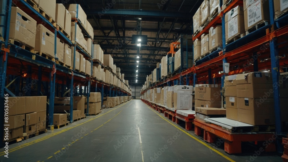 Warehouse with stacked cardboard boxes and forklift Warehouse with stacked cardboard boxes and forklift