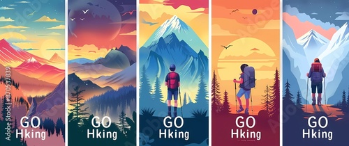 Set of posters with landscapes and hikers in the mountains, with the text 