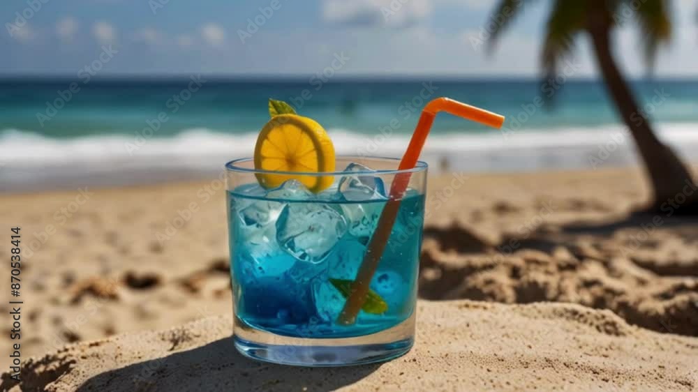 Blue Cocktail with Lemon Slice and Straw on a Beach Blue Cocktail with Lemon Slice and Straw on a Beach