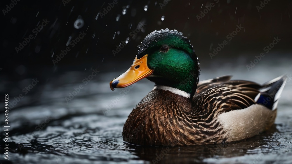 Obraz premium A duck is swimming in the water on a rainy day