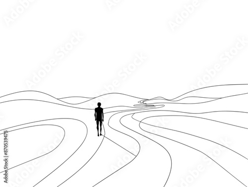 Silhouette of Person at Crossroads: Facing Choices and Decisions, Single-Line Drawing, Minimalistic