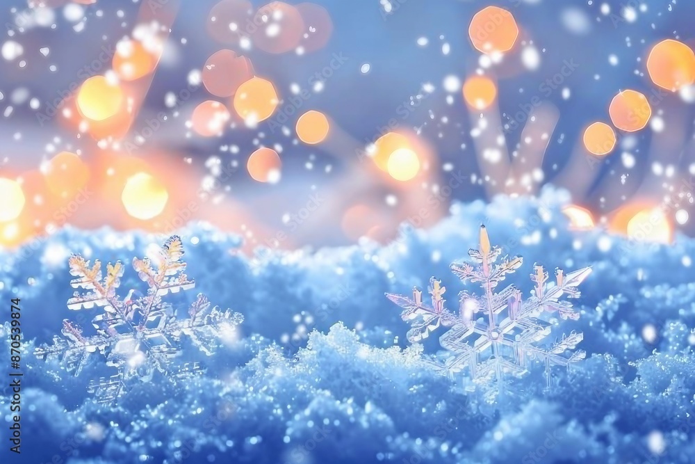 Naklejka premium Snowflakes On Snow With Bokeh Of Christmas Lights. Real Snowdrift And Acrylic Crystals