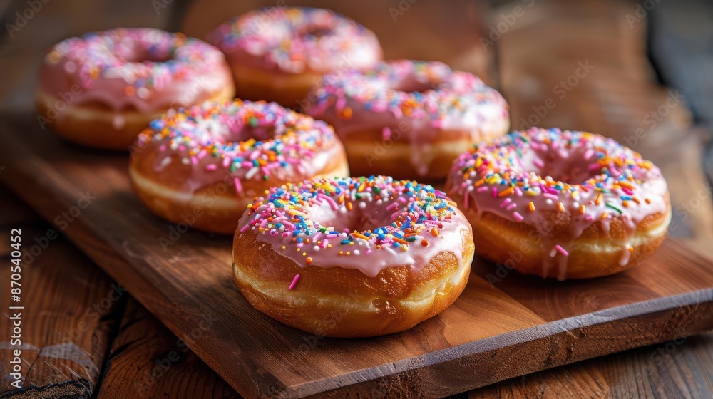 A selection of glazed donuts with colorful sprinkles neatly placed on a wooden serving board A selection of glazed donuts with colorful sprinkles neatly placed on a wooden serving board