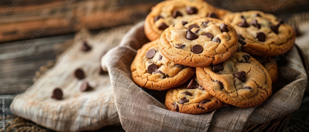 A basket of freshly baked chocolate chip cookies on a rustic cloth with a golden brown, gooey texture, creating a warm and inviting dessert scene A basket of freshly baked chocolate chip cookies on a rustic cloth with a golden brown, gooey texture, creating a warm and inviting dessert scene