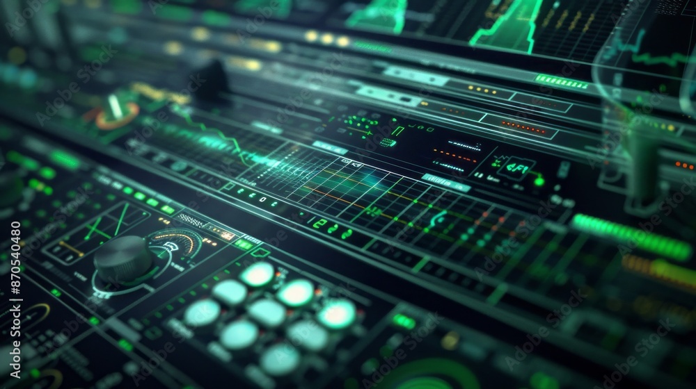 A close-up shot of a futuristic interface with glowing green lines and controls, capturing a moment in a digital world A close-up shot of a futuristic interface with glowing green lines and controls, capturing a moment in a digital world