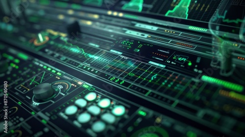 A close-up shot of a futuristic interface with glowing green lines and controls, capturing a moment in a digital world