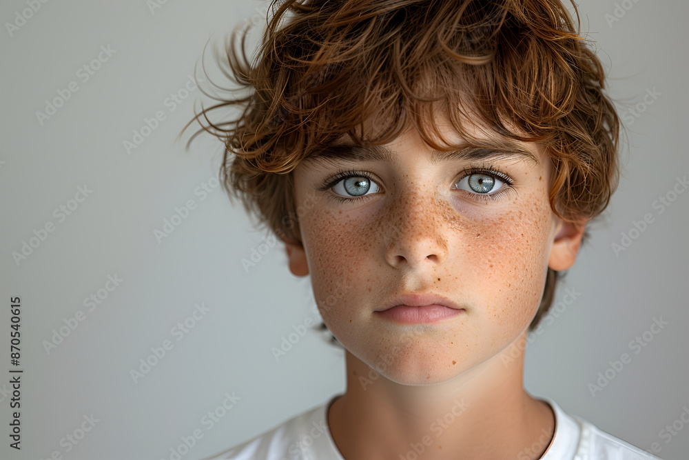 Upset handsome caucasian Teen Boy on grey background. Teenager in red t-shirt looking at camera. Unhappy child with serious facial expression - close-up portrait. Upset handsome caucasian Teen Boy on grey background. Teenager in red t-shirt looking at camera. Unhappy child with serious facial expression - close-up portrait.