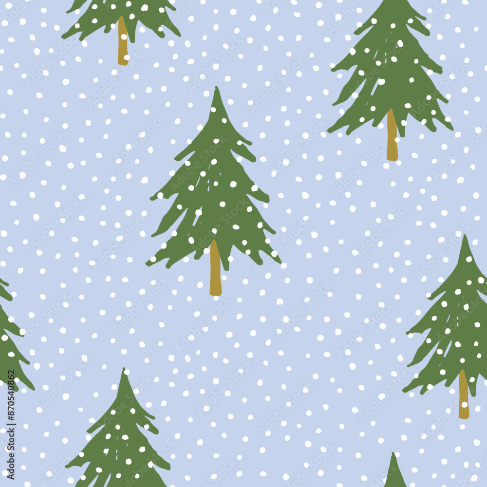 Obraz premium Christmas seamless pattern, green fir trees, white snow, light blue background. Vector illustration. Nature design. Season greeting. Winter holidays