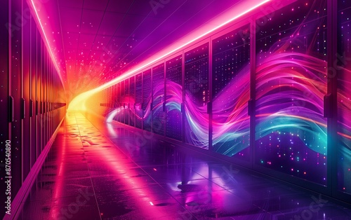 Corridors in a futuristic data center pulsate with colorful  glowing lights as waves of energy seemingly flow  showcasing the power of advanced cloud computing technology.