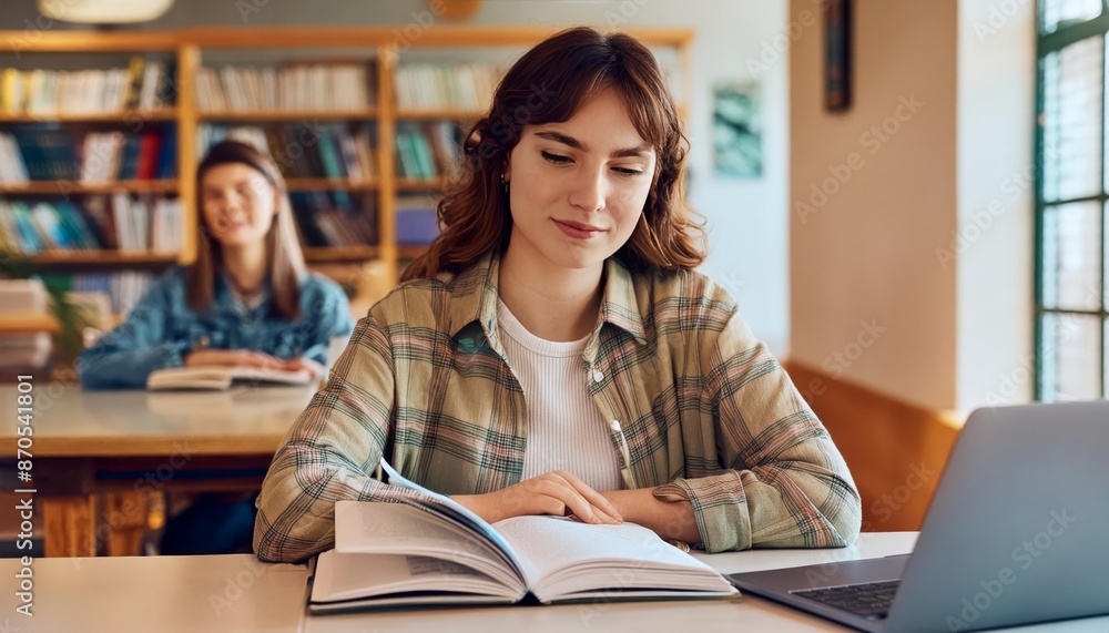 feMale student learning at high school library, generated by AI feMale student learning at high school library, generated by AI