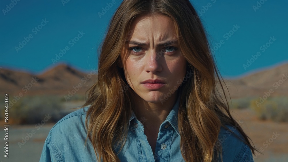 Fototapeta premium Woman in denim shirt standing in desert landscape