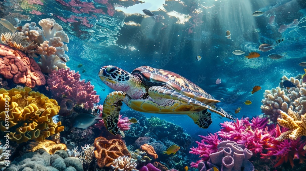 In the coral reef, a sea turtle glides gracefully among the colorful corals, a symbol of ancient wisdom and endurance. In the coral reef, a sea turtle glides gracefully among the colorful corals, a symbol of ancient wisdom and endurance.
