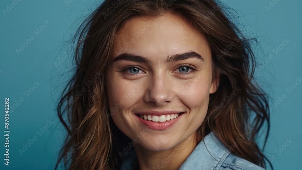 Smiling young woman with long brown hair against blue background Smiling young woman with long brown hair against blue background