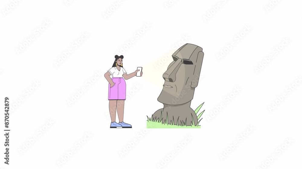 Curvy latina tourist taking photo of moai statue line 2D character animation. Easter island flat color cartoon 4K video, alpha channel. Hispanic female with phone animated person on white background Curvy latina tourist taking photo of moai statue line 2D character animation. Easter island flat color cartoon 4K video, alpha channel. Hispanic female with phone animated person on white background