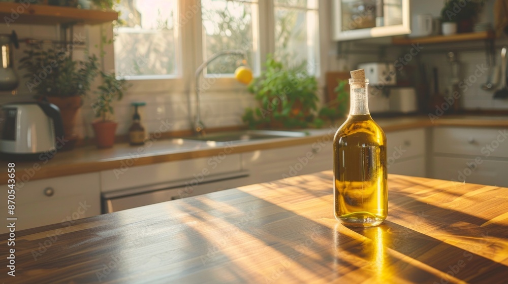 Corn oil in bottle on wooden table in kitchen Corn oil in bottle on wooden table in kitchen