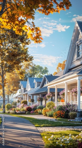 Suburban neighborhood street with colorful autumn foliage and cozy houses