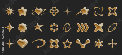 Set of Y2k geometric 3D render gold shapes trendy retro futuristic design elements, infographic shapes. Modern concept with symbols and objects, star, heart Vector illustration for UI and UX