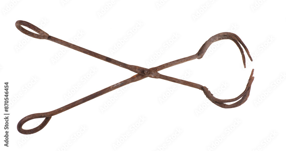 agricultural rake,rusty iron tongs isolated on white background agricultural rake,rusty iron tongs isolated on white background