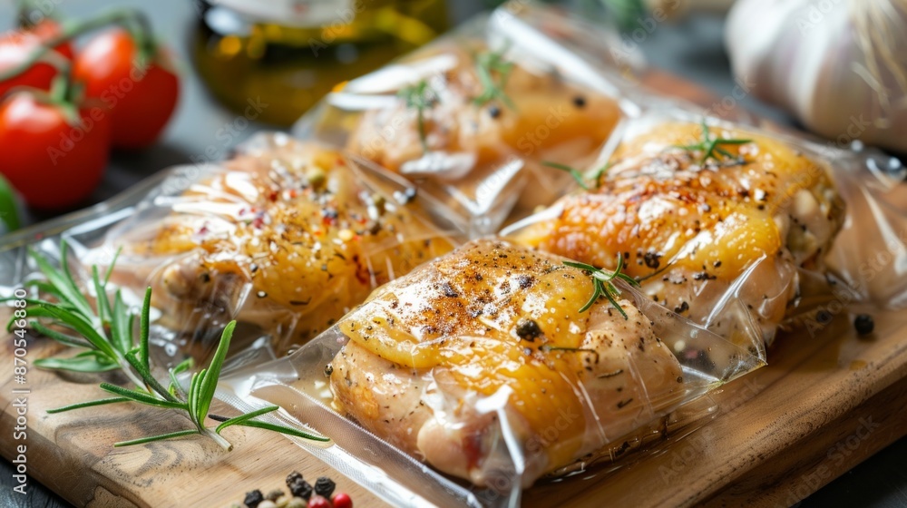 Raw marinated chicken legs in vacuum bag packaging Raw marinated chicken legs in vacuum bag packaging