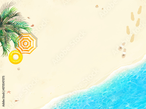 Beautiful summer beach resort frame illustration of the sea seen from above with palm trees and parasols.