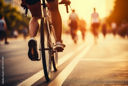 Professional cyclists in racing gear on open road cycling route in close up view photo