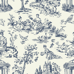 Papier peint photo Paysage patrons Toile de Jouy bleue campagne victorienne  © anya