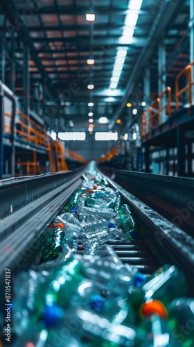 Recycling process of plastic bottles in a factory with bright lights, environmental conservation concept