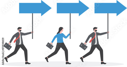 Businessmen walking with placards following arrows

