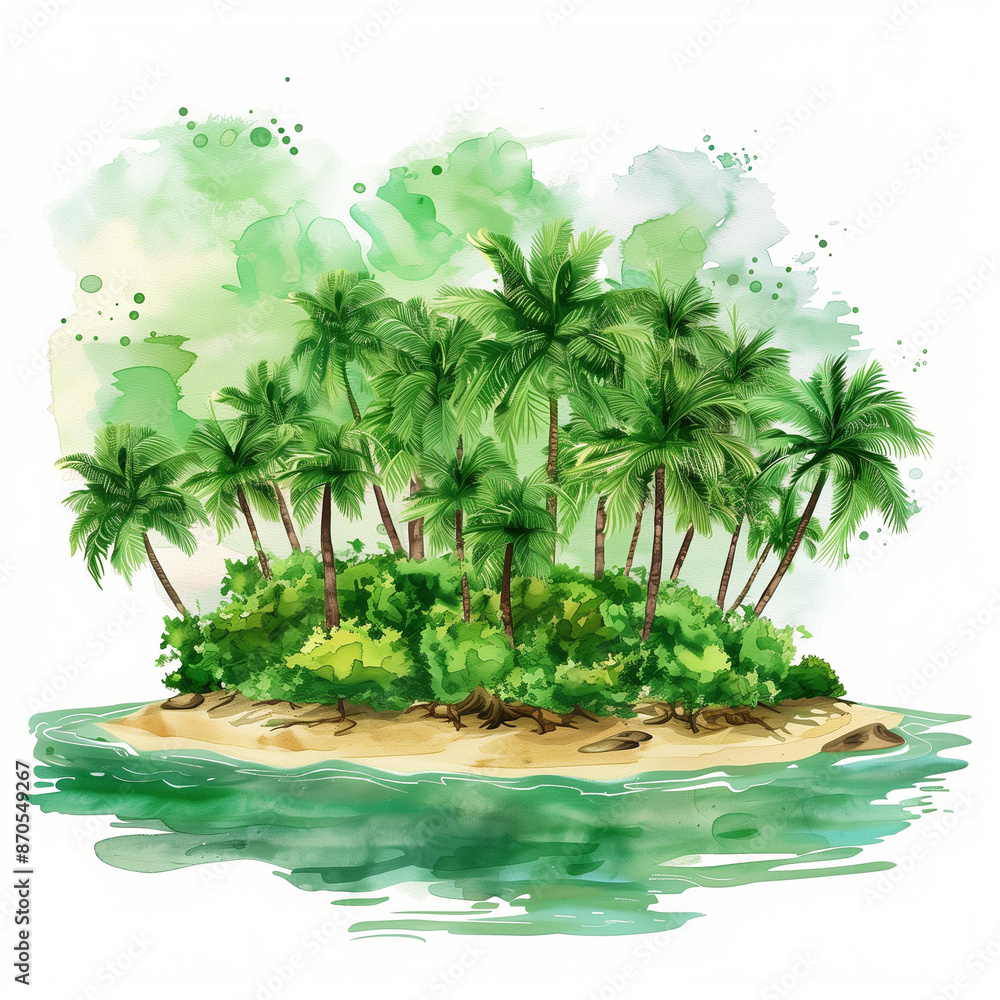 Obraz premium Tropical Island with Palm Trees and Clear Water Illustration on white background