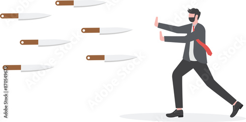 Scapegoat, Businessman pushes his companion to block the flying knife

