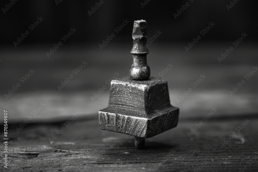 Small metal object on wooden table Small metal object on wooden table