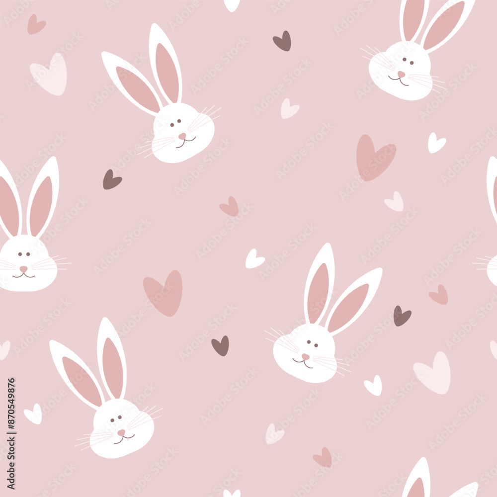 Seamless background with cute cartoon hares on a pink background. Children's pattern with white rabbits. Suitable for wallpaper, textile, wrapping paper, fabric , baby clothes print, home textiles.