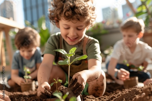 Children Planting Trees in a Community Garden for Environmental Conservation