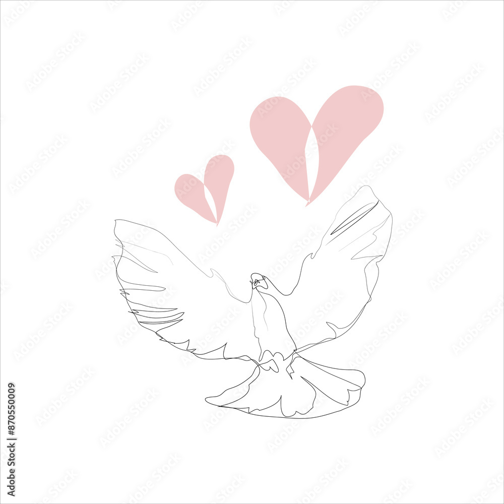 Fototapeta premium Continuous lineart of dove of piece with oink heart vecto illustration. Flying pegion silhouette with heart shapes for love, valentines, couple card design. Label, logo,poster decor 