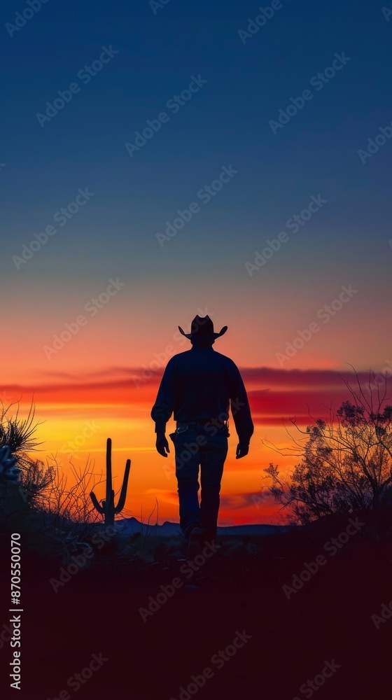 Cowboy silhouette at sunset in desert landscape, dramatic sky. Western lifestyle and adventure concept Cowboy silhouette at sunset in desert landscape, dramatic sky. Western lifestyle and adventure concept