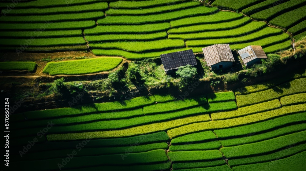 Fototapeta premium Aerial perspective vibrant agricultural fields showcasing rural landscape beauty and productivity