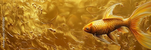 goldfish isolated on golden background, koi fish close-up, empty space, panoramic photo